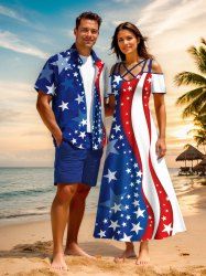 Patriotic American Flag Print Plus Size Matching Outfit For Couples -  