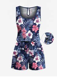 Plus Size Tropical Leaf Hibiscus Flower Print Cinched Hawaii Romper -  