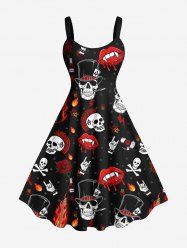 Robe débardeur grande taille à imprimé tête de mort, flamme, guitare, lèvres, rose - Noir M