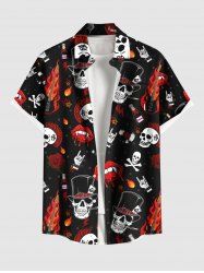 Chemise grande taille à boutons et poches pour homme, motif tête de mort, flamme, guitare, lèvres, rose - Noir XL