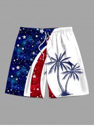 Plus Size Patriotic American Flag Galaxy Coconut Tree Print Hawaii Beach Shorts For Men -  