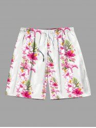 Short de plage hawaïen grande taille à imprimé fleurs d'hibiscus, feuilles tropicales et flamants roses pour homme - Blanc 6XL