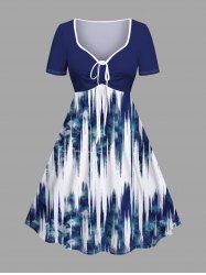 Robe trapèze cintrée grande taille à imprimé vague légère et tie-dye ombré style hawaïen - Bleu 4X