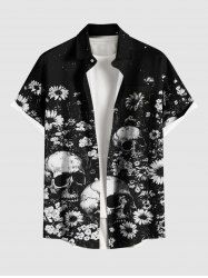 Chemise hawaïenne grande taille à boutons et poches, imprimé tournesols et crânes, pour homme - Noir S