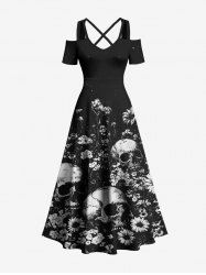 Robe longue hawaïenne grande taille à imprimé tournesols et têtes de mort, épaules dénudées et croisée - Noir 3X