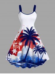 Plus Size Patriotic American Flag Paint Splatter Coconut Tree Print Hawaii Tank Dress -  