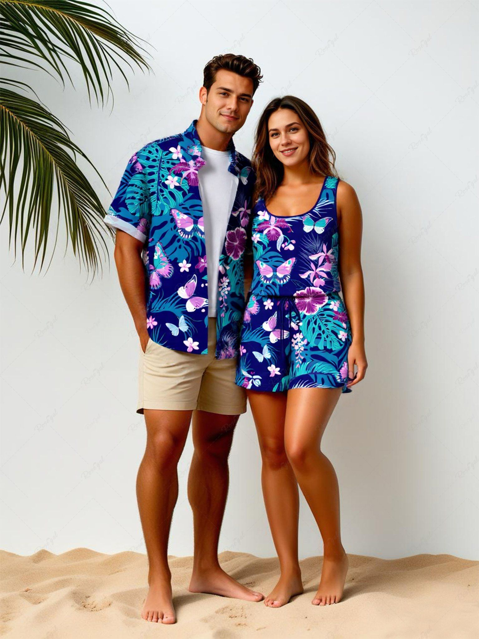 Sale Matching Hawaii Shirt and Romper Plus Size Beach Outfit Butterfly Tropical Leaf Hibiscus Printed for Couples  