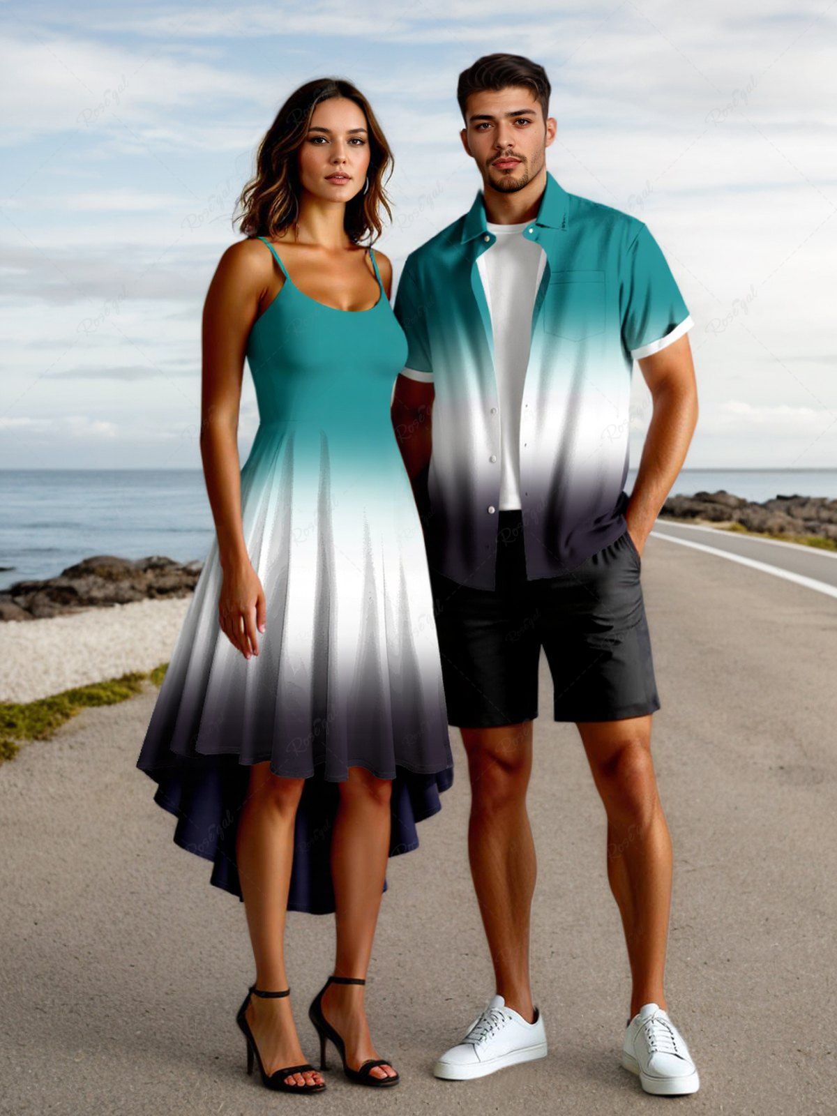 Tenue de plage assortie grande taille à imprimé colorblock ombré pour couples Vert 