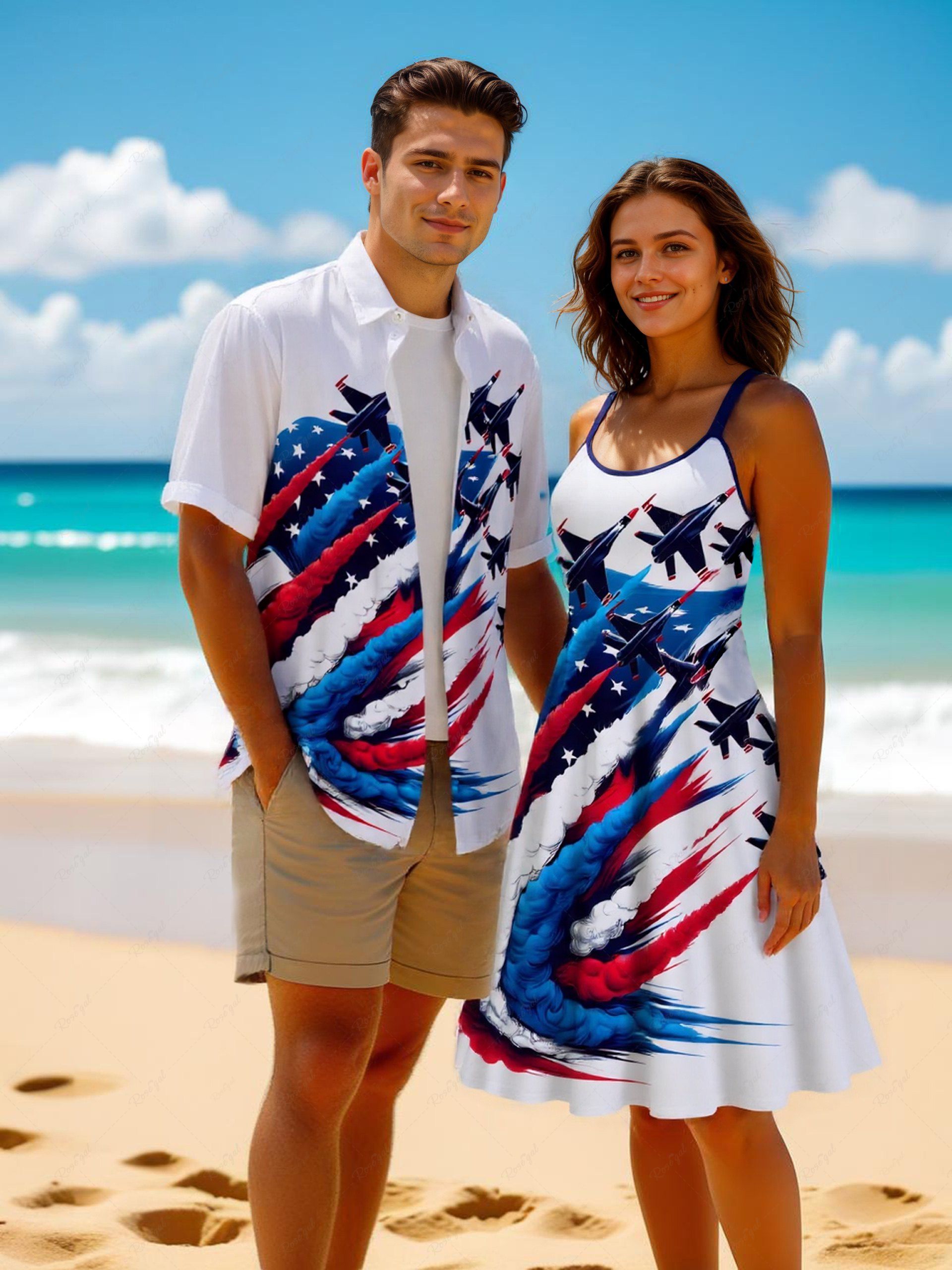 Cheap Patriotic American Flag Plane Print Plus Size Matching Outfit For Couples  