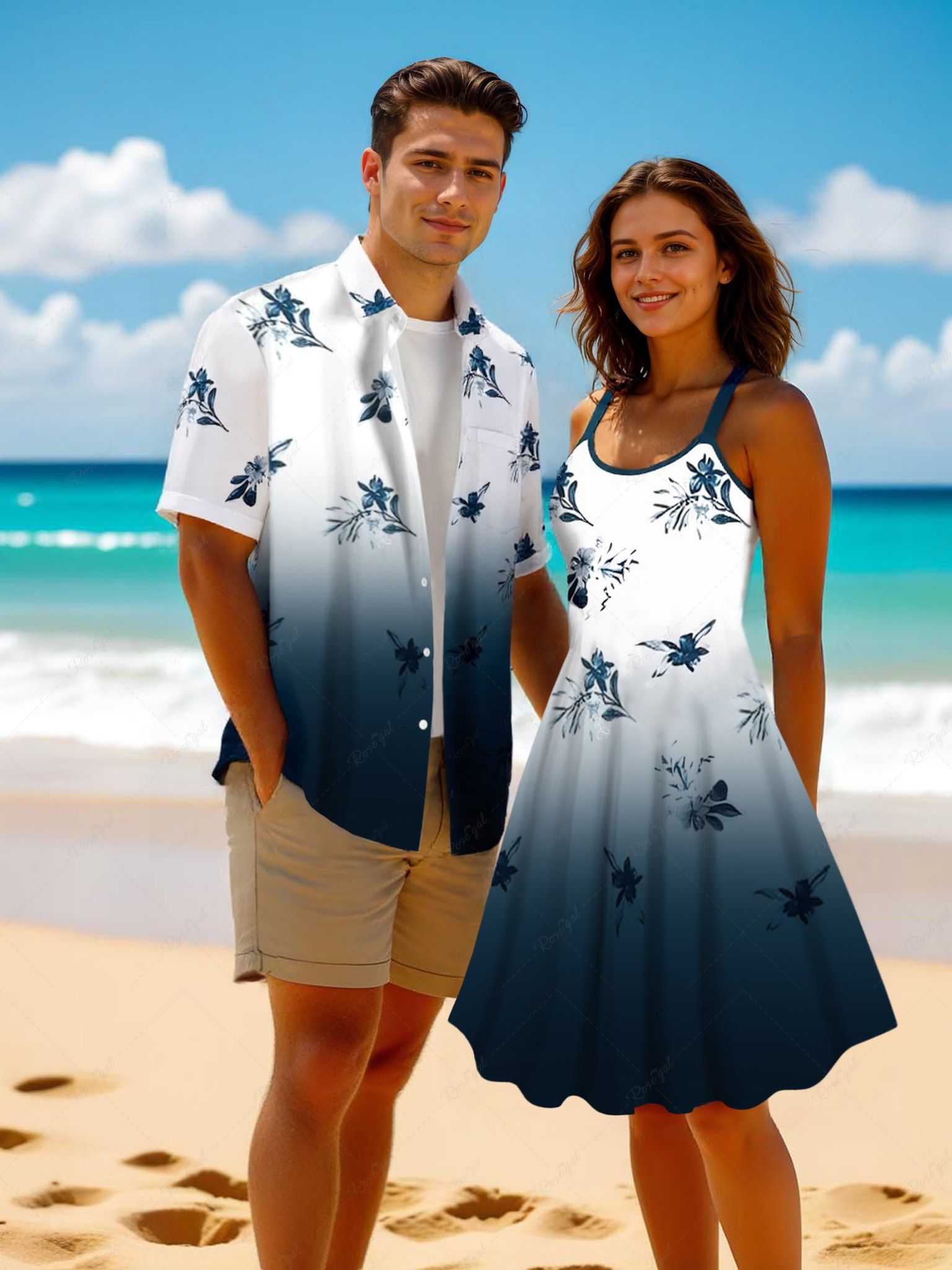 Latest Flowers Ombre Print Plus Size Matching Hawaii Beach Outfit For Couples  