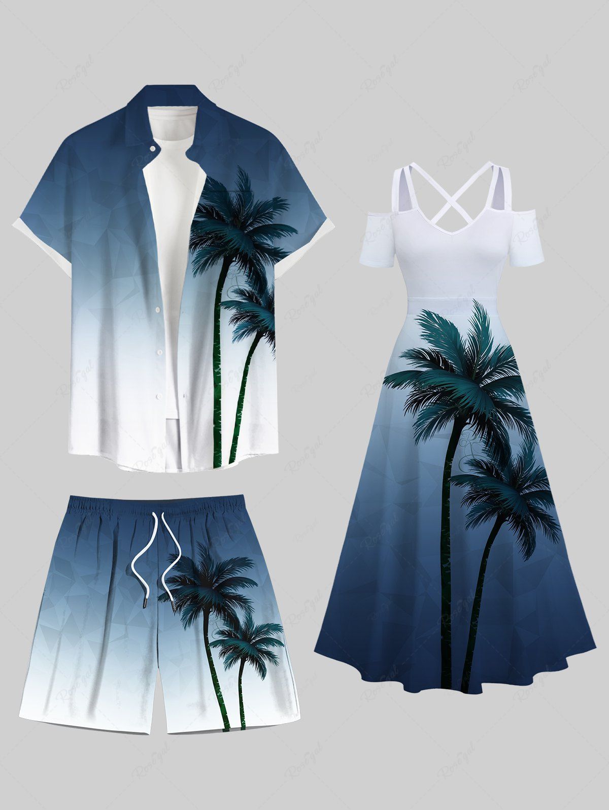 Tenue de plage hawaïenne assortie grande taille à imprimé tropical cocotier ombré pour couples Bleu 