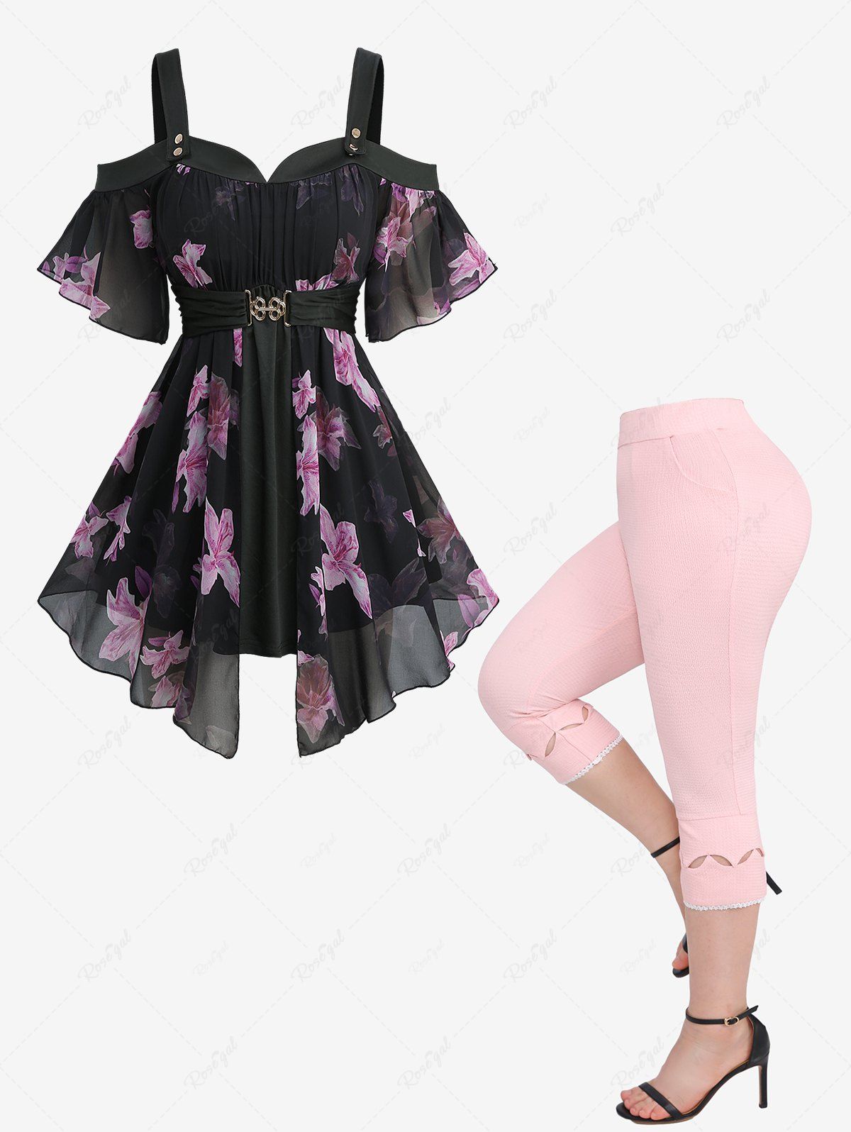 Sale Flowers Print Chiffon Asymmetrical Cold Shoulder Blouse and Hollow Out Lace Trim Capri Leggings Plus Size Outfit  