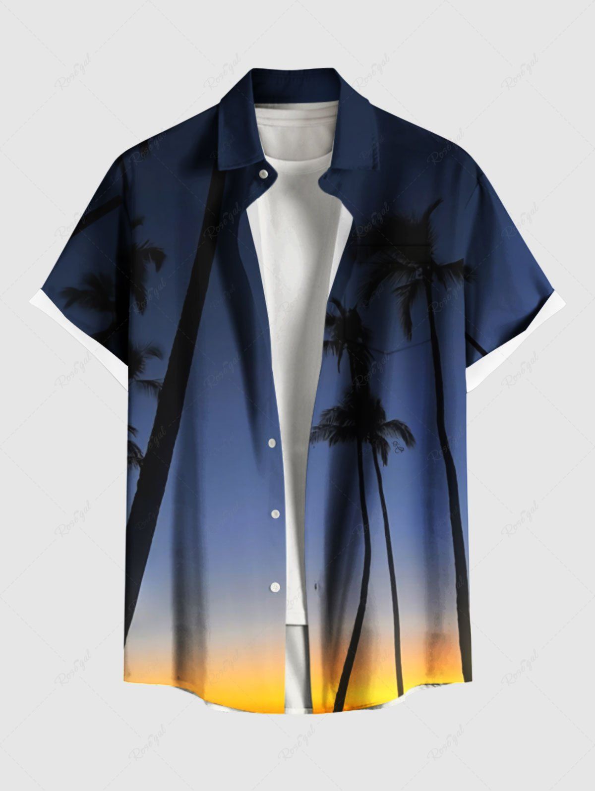 Chemise hawaïenne grande taille à imprimé galaxie et cocotiers, boutonnée et avec poches, pour homme Bleu profond L