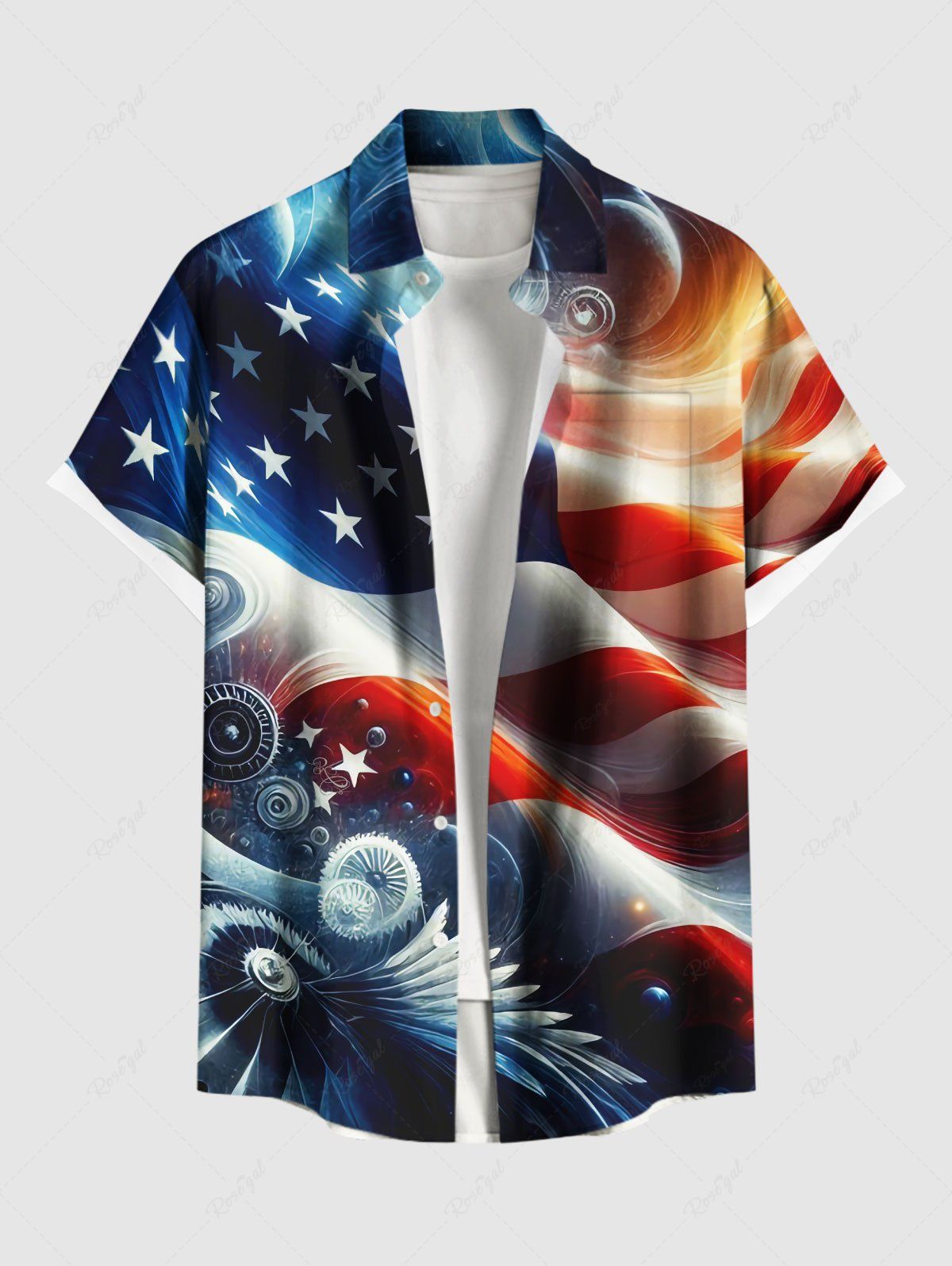 Chemise grande taille à imprimé drapeau américain patriotique ombré et poches boutonnées pour homme Bleu profond XL