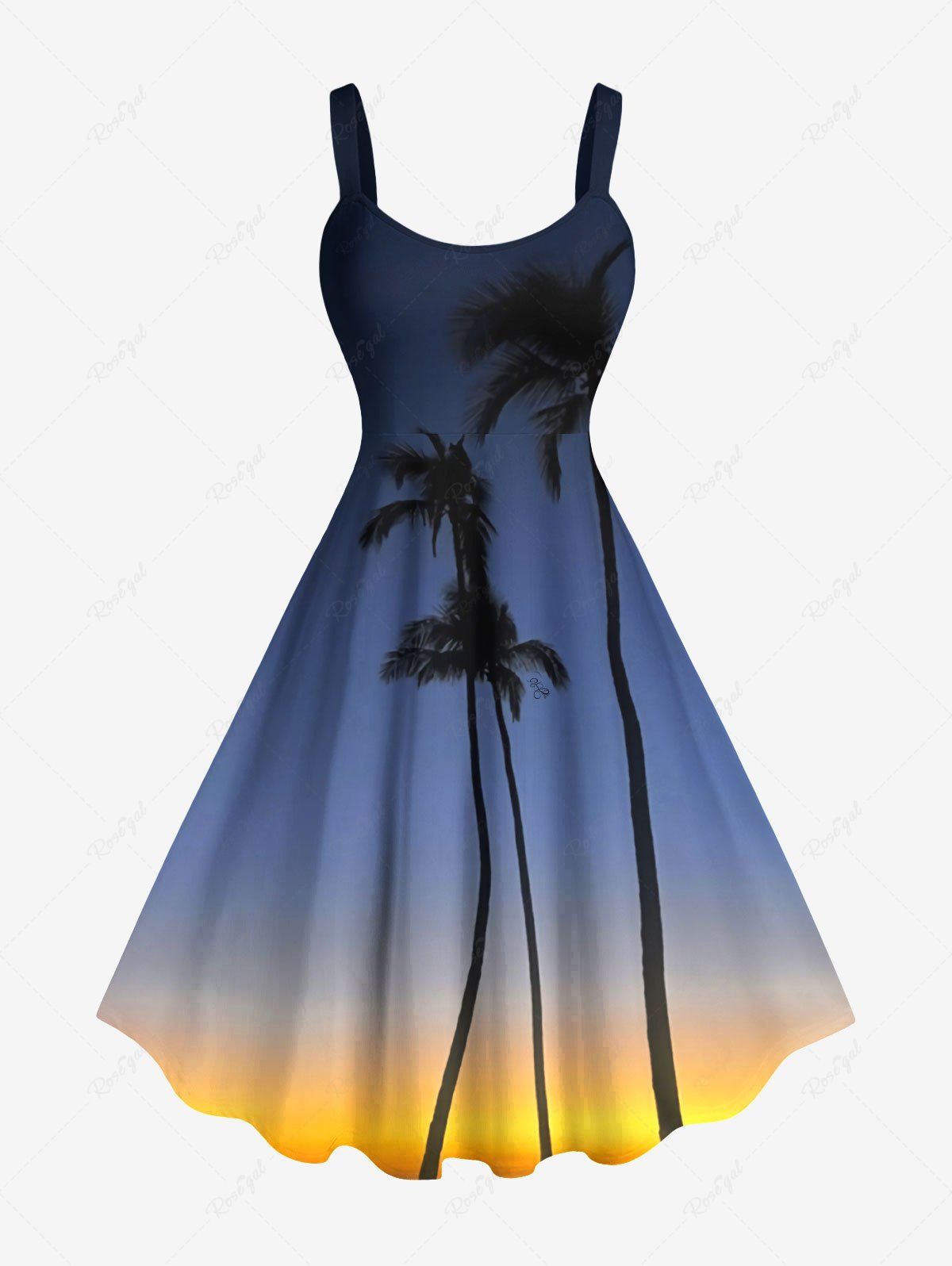 Hot Plus Size Coconut Tree Ombre Galaxy Print Hawaii A Line Tank Dress  