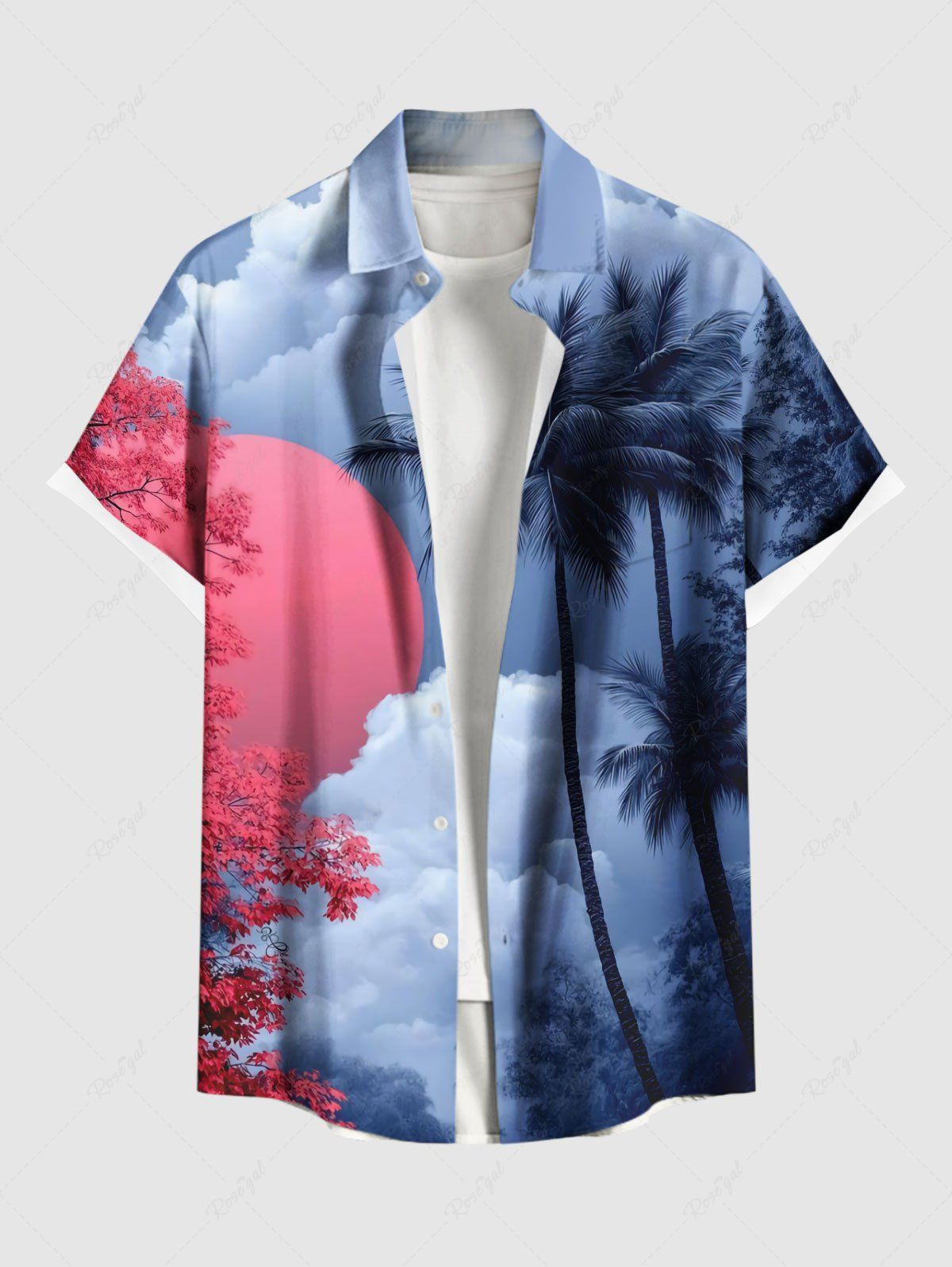 Chemise hawaïenne grande taille à imprimé cocotier, fleur, soleil, ombré, ciel, nuages, boutonnée et poche pour homme Bleu 4XL