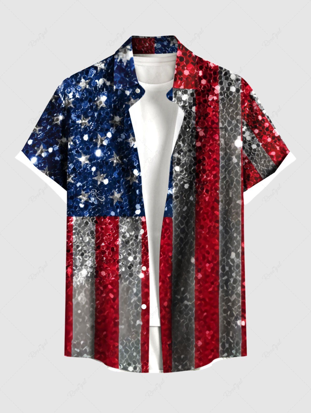 Chemise à paillettes grande taille avec imprimé drapeau américain patriotique et poche boutonnée pour homme Rouge foncé 5XL