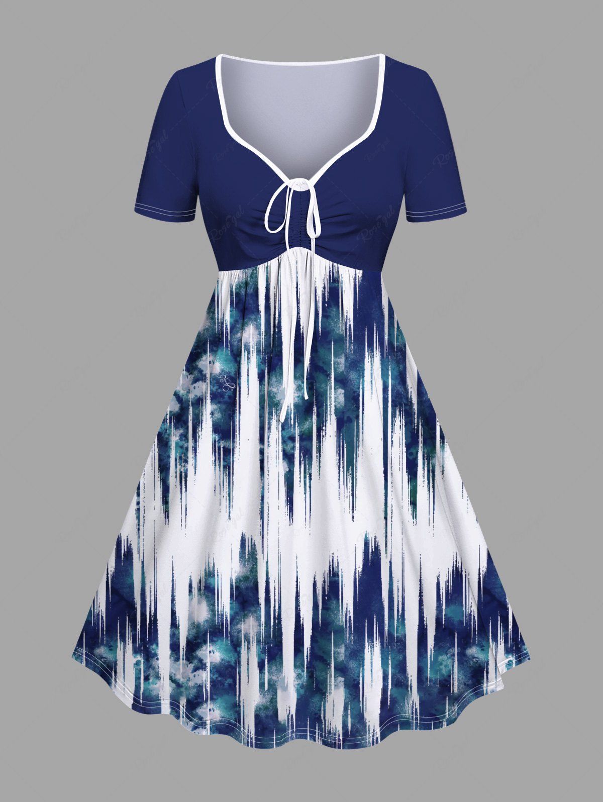 Fancy Plus Size Tie Dye Ombre Light Wave Print Hawaii Cinched A Line Dress  