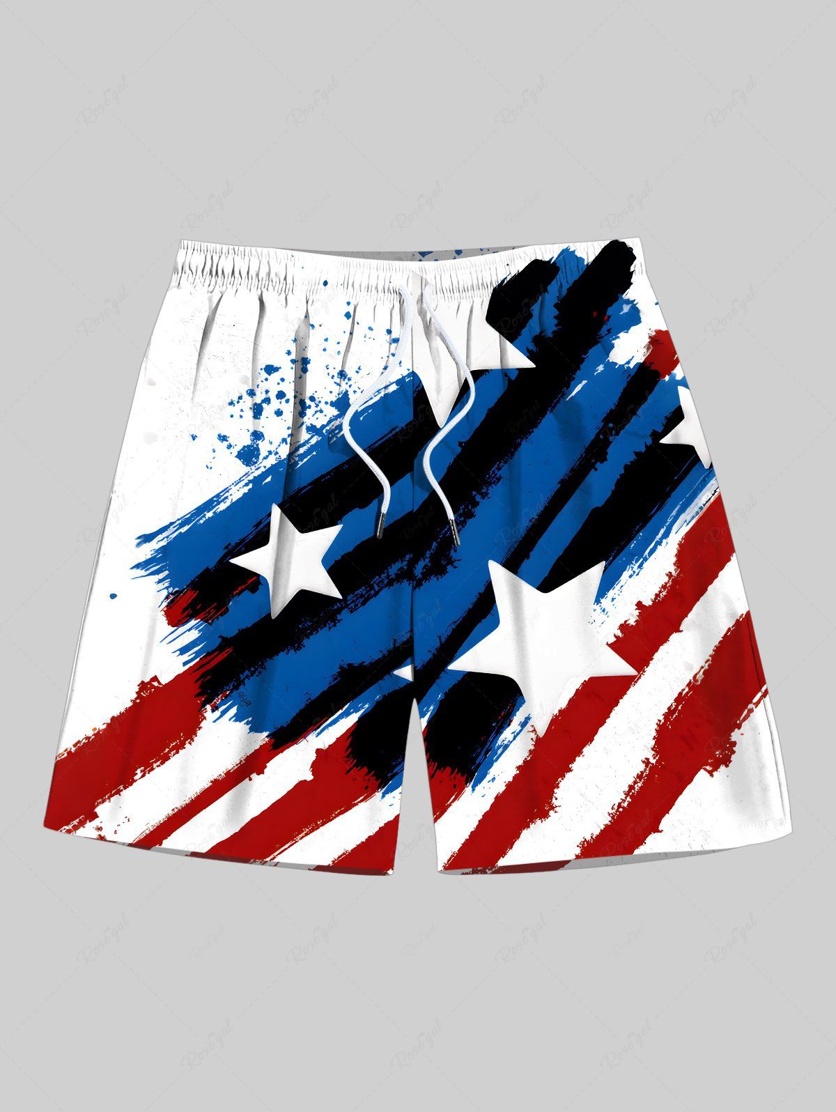 Cheap Plus Size Ink Painting Splatter Patriotic American Flag Print Drawstring Beach Shorts For Men  
