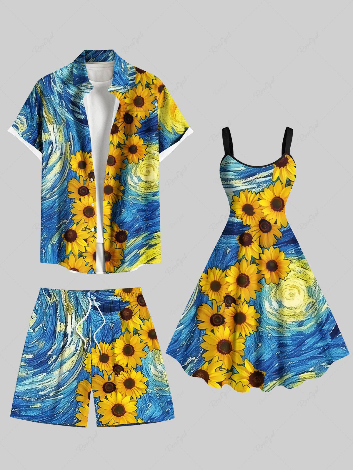 Tenue de plage hawaïenne assortie grande taille à imprimé tournesol pour couple Bleu 