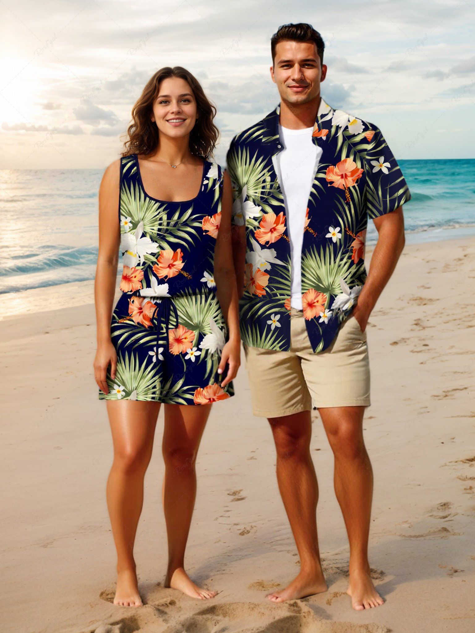 Ensemble chemise et barboteuse hawaïennes assorties, grande taille, imprimé feuilles tropicales et hibiscus, pour couples Noir 
