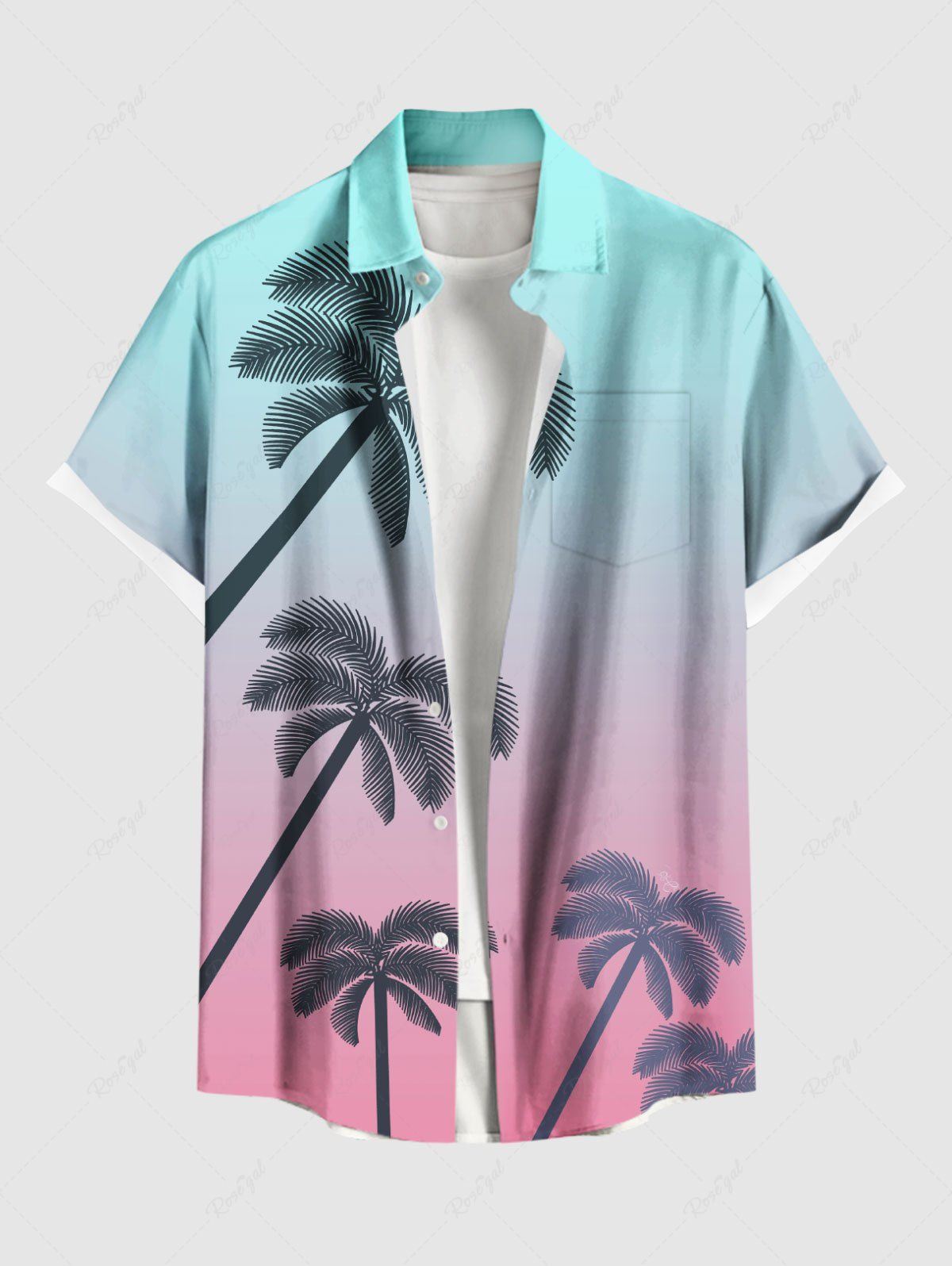 Chemise hawaïenne grande taille à imprimé cocotiers ombré et colorblock, boutons et poches, pour homme Rose clair 6XL