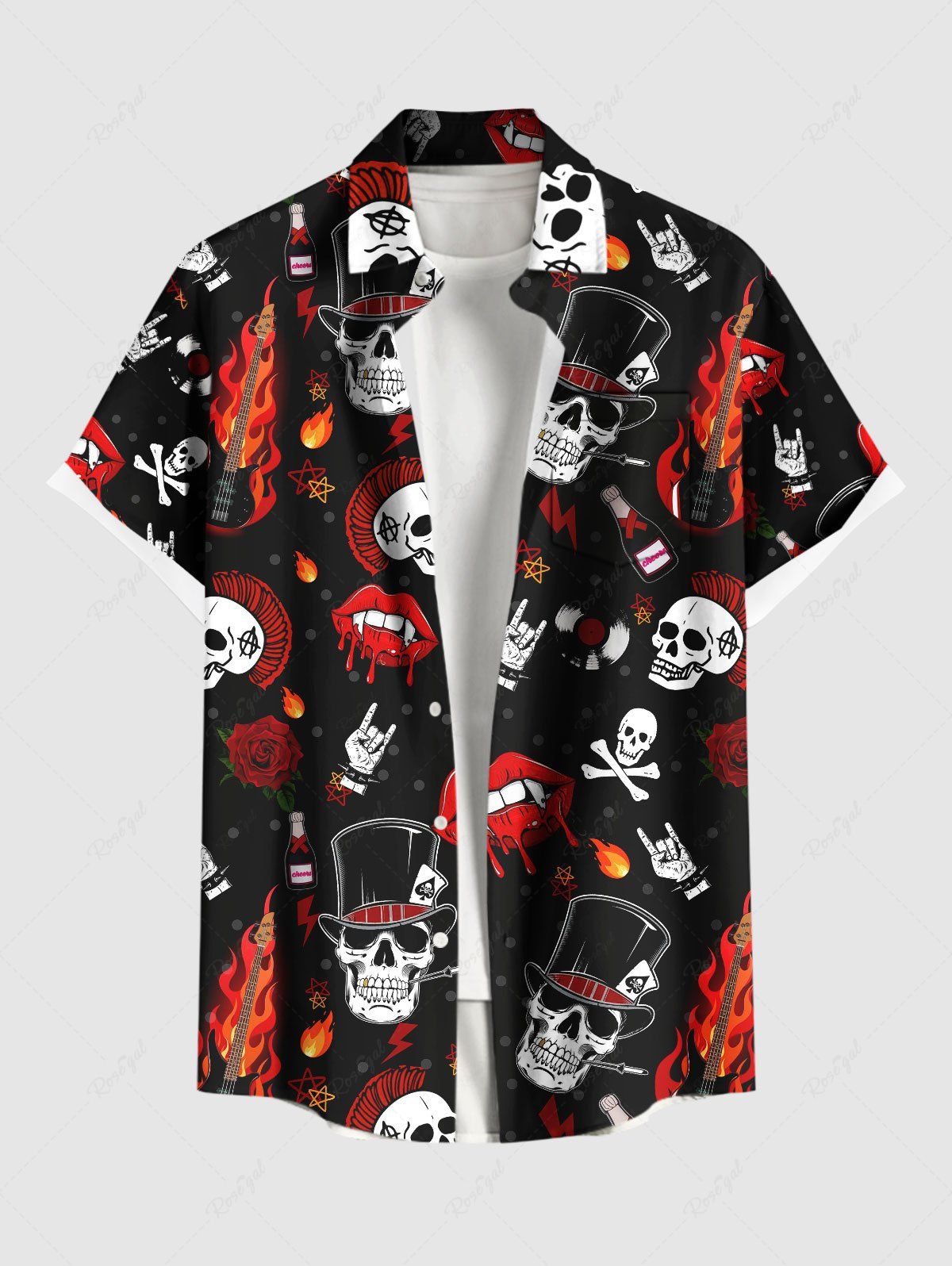 Chemise grande taille à boutons et poches pour homme, motif tête de mort, flamme, guitare, lèvres, rose Noir S