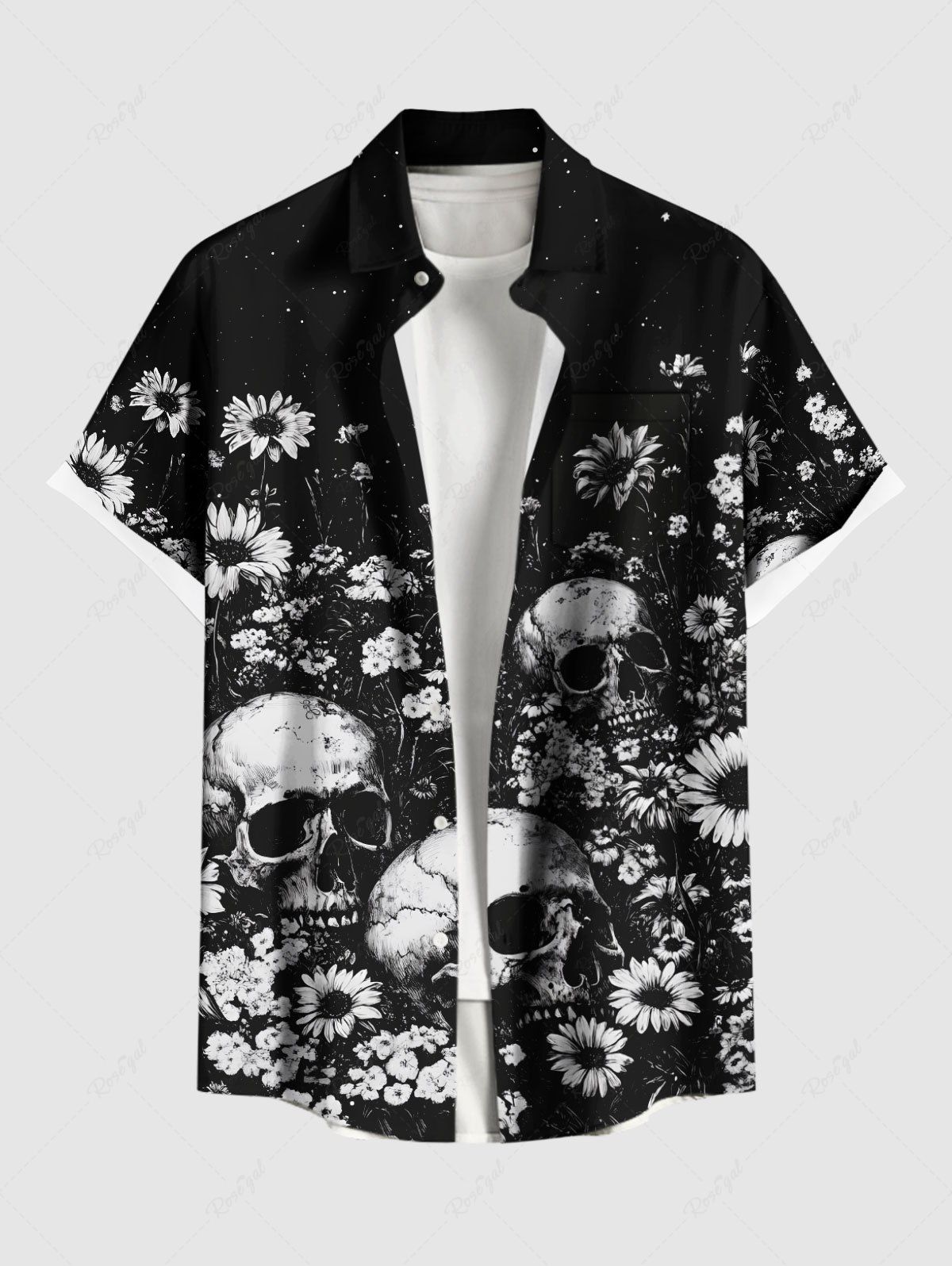 Chemise hawaïenne grande taille à boutons et poches, imprimé tournesols et crânes, pour homme Noir XL