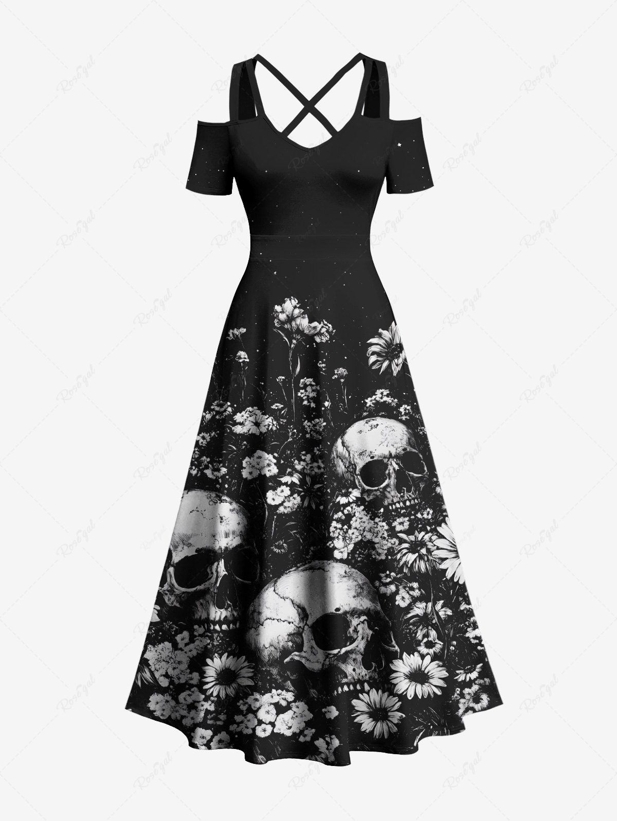 Discount Plus Size Sunflowers Skulls Print Cold Shoulder Crisscross Hawaii Maxi Dress  