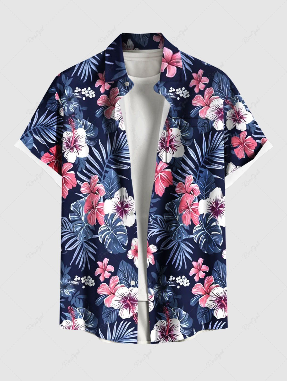Chemise hawaïenne grande taille à imprimé feuilles tropicales et fleurs d'hibiscus, avec poches et boutons, pour homme Bleu profond M