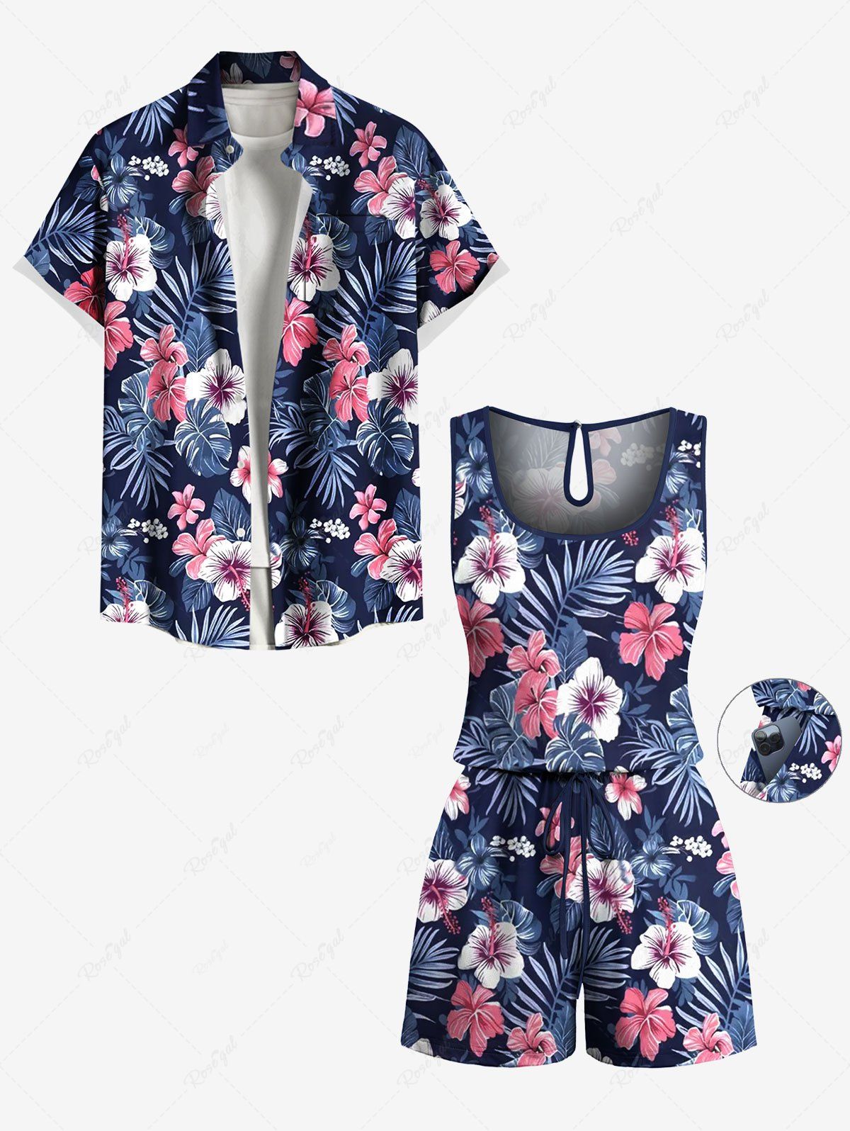 Ensemble chemise et barboteuse hawaïennes assorties, grande taille, tenue de plage, imprimé feuilles tropicales et hibiscus, pour couples Bleu profond 