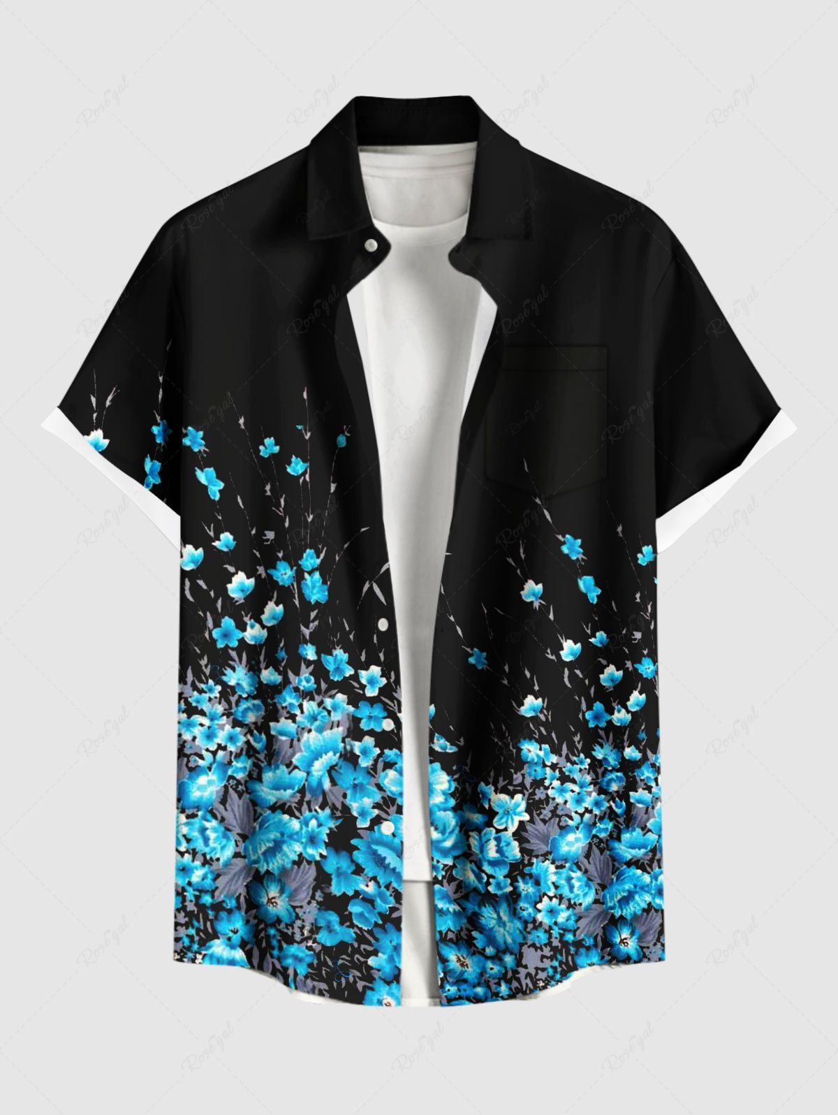Chemise hawaïenne grande taille à imprimé floral et poches boutonnées pour homme Noir 5XL
