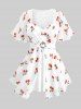Cherry Fruit Waffle Plaid Print Blouse and High Waisted Lace Up Side Capri Pants Plus Size Outfit -  