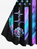 Ombre Striped Letter Rose Flower Patriotic American Flag Print Plus Size Matching Outfit For Couples -  