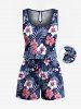 Ensemble chemise et barboteuse hawaïennes assorties, grande taille, tenue de plage, imprimé feuilles tropicales et hibiscus, pour couples - Bleu profond 
