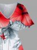 Plus Size Floral Tropical Leaves Print Hawaii Split Pocket A Line Midi Dress -  