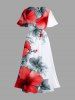 Plus Size Floral Tropical Leaves Print Hawaii Split Pocket A Line Midi Dress -  