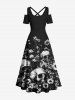 Robe longue hawaïenne grande taille à imprimé tournesols et têtes de mort, épaules dénudées et croisée - Noir M