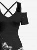 Robe longue hawaïenne grande taille à imprimé tournesols et têtes de mort, épaules dénudées et croisée - Noir 3X