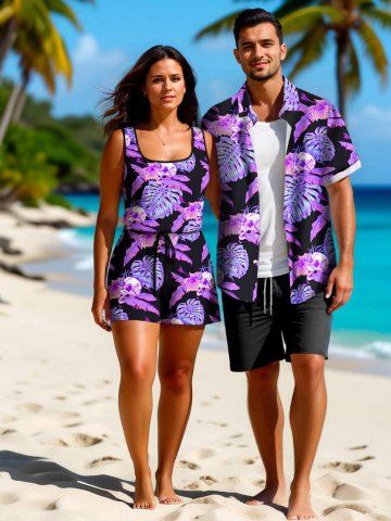 Matching Hawaii Shirt and Romper Plus Size Beach Outfit Tropical Leaf Hibiscus Printed for Couples - BLACK