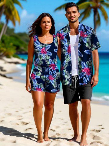 Matching Hawaii Shirt and Romper Plus Size Beach Outfit Coconut Tree Tropical Leaf Flower Print For Couples