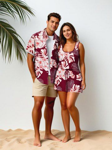 Matching Hawaii Shirt and Romper Plus Size Beach Outfit Tropical Leaves Floral Print For Couples - RED