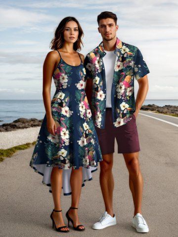 Tropical Leaf Hibiscus Flowers Flamingo Pineapple Print Plus Size Matching Hawaii Beach Outfit For Couples