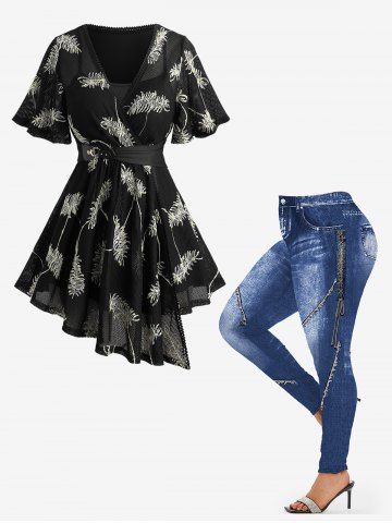 Feather Jacquard Embroidery Asymmetric 2 in 1 Top and 3D Denim Lace Up Topstitching Print Leggings Plus Size Outfit - BLACK