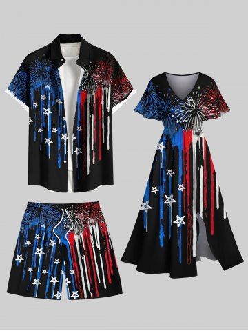 Fireworks Patriotic American Flag Paint Drop Print Plus Size Matching Outfit For Couples - BLACK