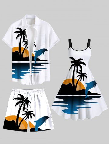 Tenue de plage hawaïenne assortie grande taille à imprimé cocotier, dauphin, soleil et mer pour couples - WHITE