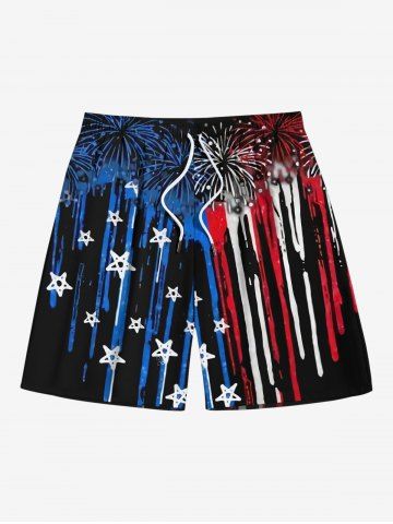 Plus Size Patriotic American Flag Fireworks Print Drawstring Beach Shorts For Men - BLACK - 7XL