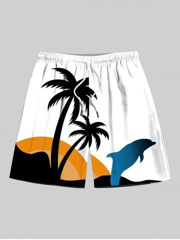 Plus Size Coconut Tree Sun Dolphin Print Hawaii Drawstring Beach Shorts For Men - WHITE - 2XL