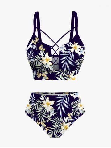 Tropical Leaves Branch Hibiscus Floral Printed Hawaii Lace Up Tankini Swimsuit (Adjustable Shoulder Strap) - DEEP BLUE - XS