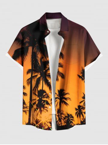 Plus Size Coconut Tree Ombre Dusk Print Hawaii Button Pocket Shirt For Men - ORANGE - 6XL